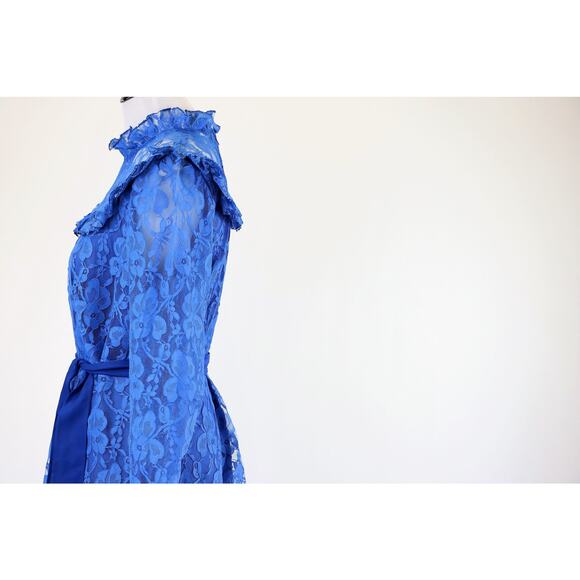 Vintage Cobalt Blue Lace Dress with Lace Ruffled Neckline/Cuffs Med/Large - Picture 6 of 8
